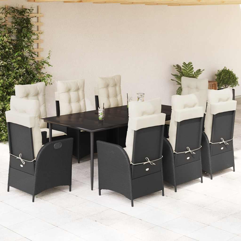 9-tlg. Garten-Essgruppe mit Kissen Schwarz Poly Rattan